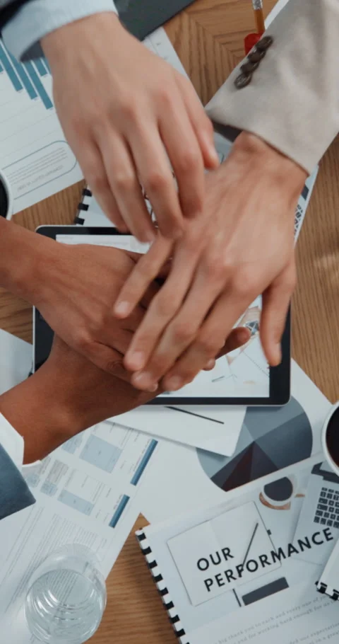 Tablet screen, hands together and above of business people in office for smart Stock Footage 320099418