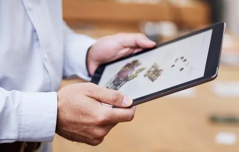 Tablet screen, man hands and online architect design on a software app for Stock Photos