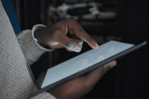 Tablet screen, mockup or IT black man hands in data center on research Stock Photos