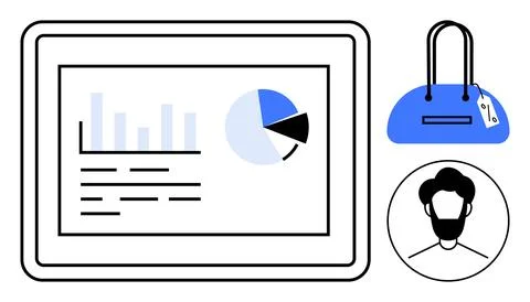Tablet screen shows analytics with pie chart and bar graph, adjacent to a blu Stock Illustration