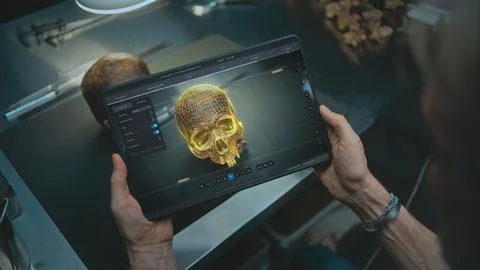 Tablet screen shows user interface, process of scanning fossil skull in 3D 스톡 사진