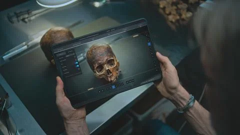 Tablet screen shows user interface, process of scanning fossil skull in 3D 스톡 사진