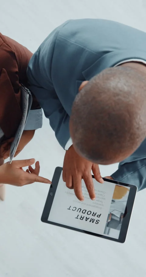 Tablet screen, teamwork and above of business people in office for smart Stock Footage 320099514