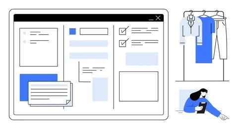 Tablet screen with various website elements checklist, chat bubble, and user  Stock Illustration
