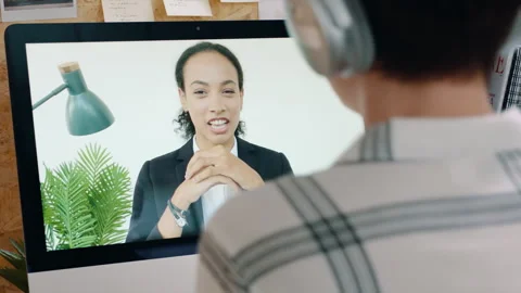 Tablet screen, video call and businesswoman with manager in office for feedback Stock Footage 331064469