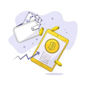 A tablet on the screen of which is a bitcoin coin and an infographic next to Stock Illustration