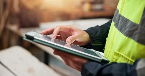 Tablet, scroll and carpentry with hands in warehouse for furniture quote, stock Stock-Fotos
