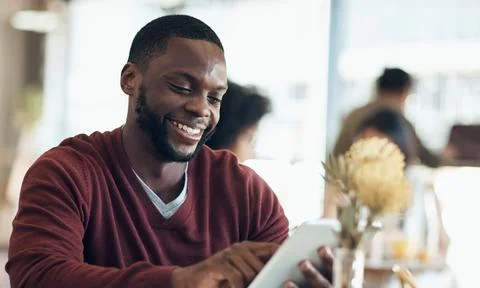 Tablet, scroll and freelancer with man in cafe for research, blog editor an.. Stock-Fotos