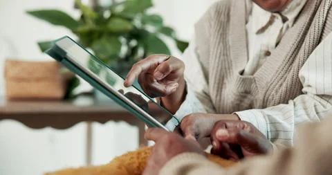 Tablet, scroll and hands of couple in home to relax for communication, social Video stock 341549183