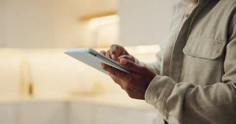 Tablet, scroll and hands of man in home for streaming service, movie search and Stock Footage 337448829