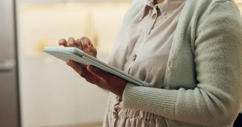 Tablet, scroll and hands of woman in home for streaming service, movie search Stock Footage 337451843