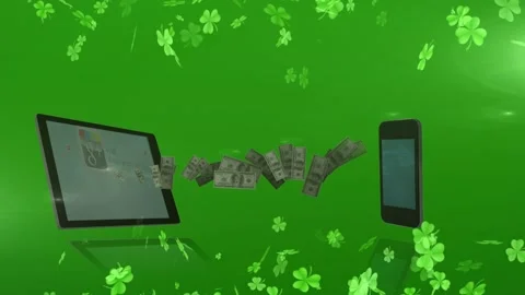 Tablet sending bill ribbon toward phone after tablet appears, showing digital Stock Footage 328265916