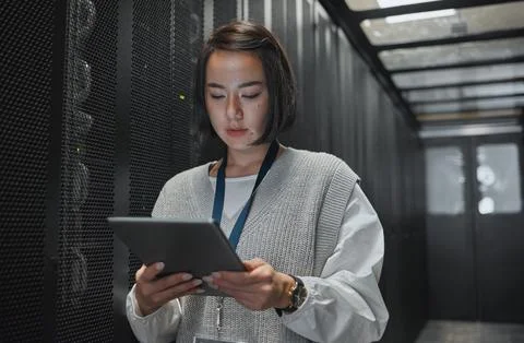 Tablet, server room and security with a programmer asian woman at work on a 写真素材