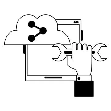 Tablet with sharing cloud and wrench in black and white Illustrazione stock