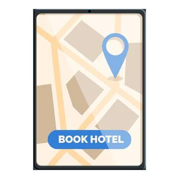 Tablet showing city map with location pin and book hotel button 스톡 일러스트