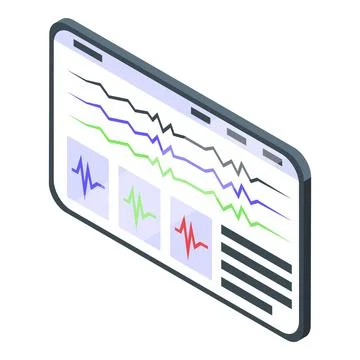 Tablet showing decreasing lines graph and pulse rate isometric view Stock Illustration