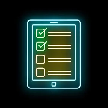 Tablet showing digital checklist survey form neon light Stock Illustration