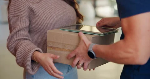 Tablet, sign and hands of delivery man with customer for shipping, order receipt Stock Footage 335798298
