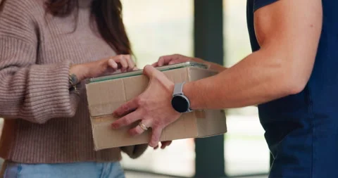 Tablet, sign and hands of delivery man with woman for shipping, order receipt Stock Footage 335798353