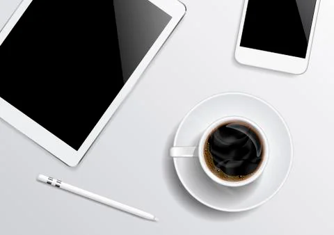 Tablet-smartphone-coffee-pen on the gray background top view Stock Illustration