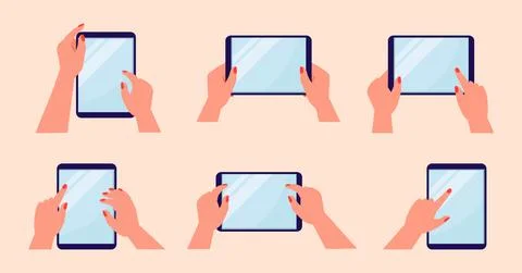 Tablet, smartphone in hands and touch empty screen. Mockup of multi touchscre Ilustração Stock