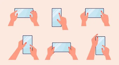 Tablet, smartphone in hands and touch empty screen. Mockup of multi touchscre Stock Illustration