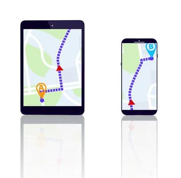 Tablet, smartphone or direction on road map to travel on city location or route Stock Photos