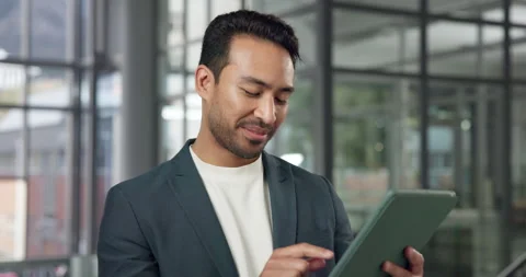 Tablet, smile or man in enterprise for business, risk mitigation or reading Stock Footage 342330565