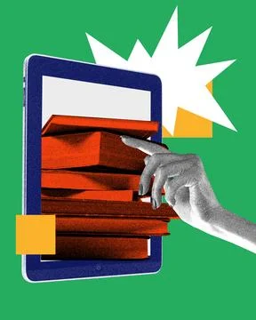 Tablet with stack of books. Contemporary art collage. Integration of digital Stock Photos