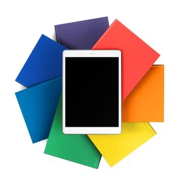 Tablet on a stack of books in the form of flower mockup Stock Illustration