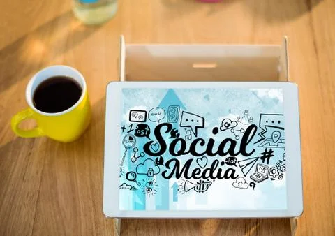 Tablet on stand with coffee showing black social media doodles against sky Stock Illustration
