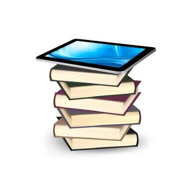 Tablet on a stock of books. e-book capacity concept. vector. Stock Illustration