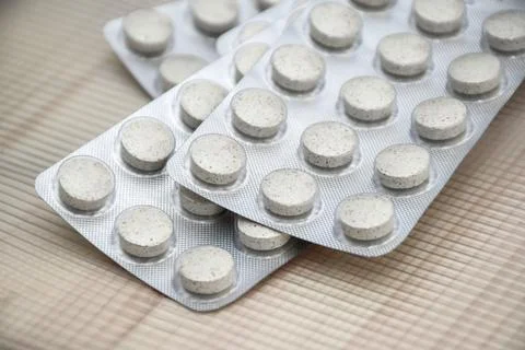 Tablet strips with isolated on table. Shallow DOF, selective focus Foto stock