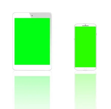 Tablet, studio and greenscreen with cellphone, mockup and data with mobile Stock Photos
