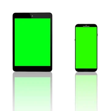Tablet, studio and greenscreen with phone, mockup and data with mobile interface Foto stock