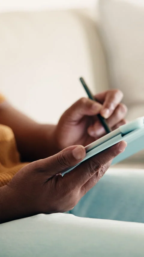 Tablet, stylus and hands of man on sofa in home for remote work with web Stock Footage 337990555