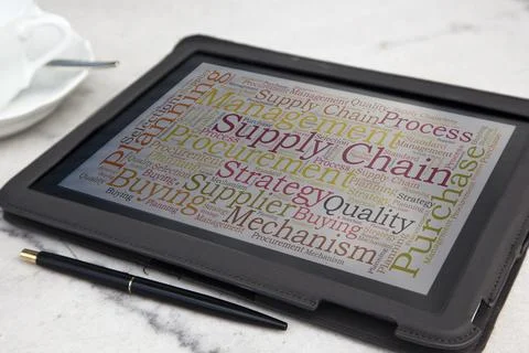 Tablet with supply chain word cloud Stock Photos