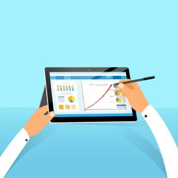 Tablet surface finance chart hand draw with stylus pen flat design Stock Illustration