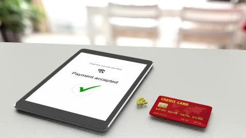 Tablet on table accepting a wireless payment from a credit card Illustrazione stock