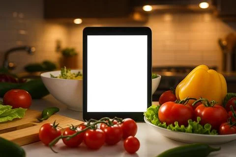 Tablet on table with fresh vigetables Stock Photos