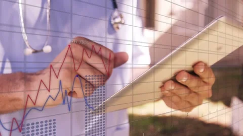 Tablet tap initiating data overlay doctor steadying tablet navigating and Stock Footage 333833354