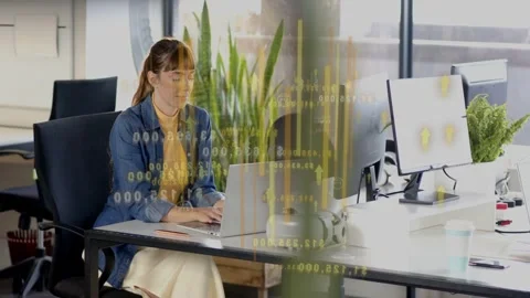 Tablet tap, shot panning to left woman typing PC, analyzing business data Stock Footage 333132353