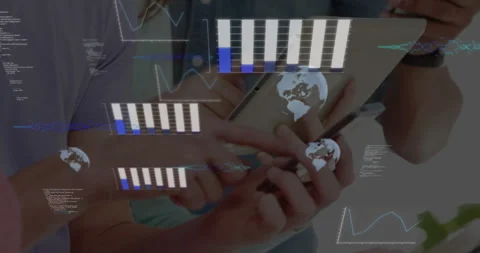 Tablet tapping and smartphone swiping in tech app animating floating bar charts Stock Footage 315790811