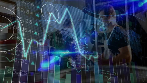 Tablet tapping by brewery worker starting chart overlay while colleague Stock Footage 312915906