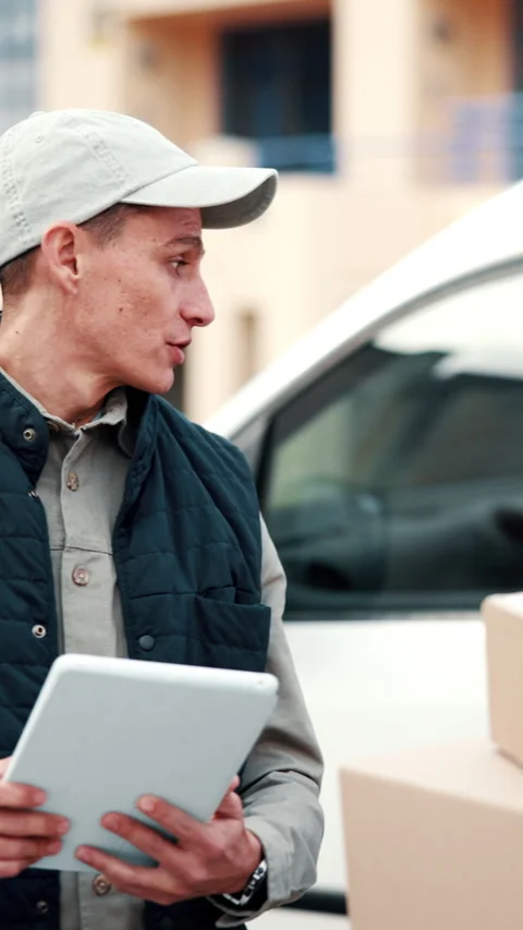 Tablet, team and delivery man with boxes for shipping, digital schedule and Stock Footage 342314334