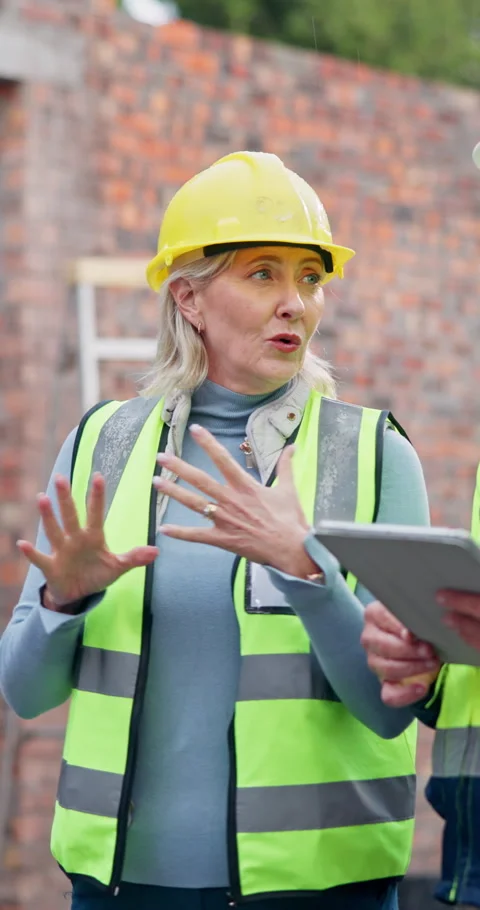 Tablet, team and inspection on construction site for engineer, management and Stock Footage 341085196