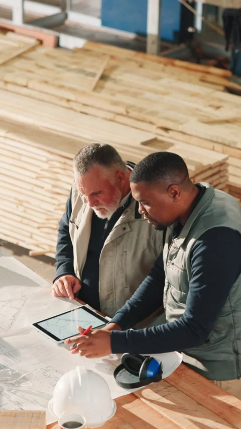 Tablet, team and writing on blueprint for carpentry project, dimension revision Stock Footage 343846164