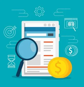Tablet technology with data website and coins Stock Illustration