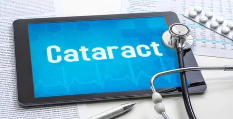 A tablet with text on the display - Cataract 스톡 사진