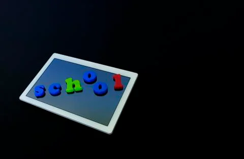 Tablet with text SCHOOL.Tablet PC, technology and education. Levitation, blac Stock Photos
